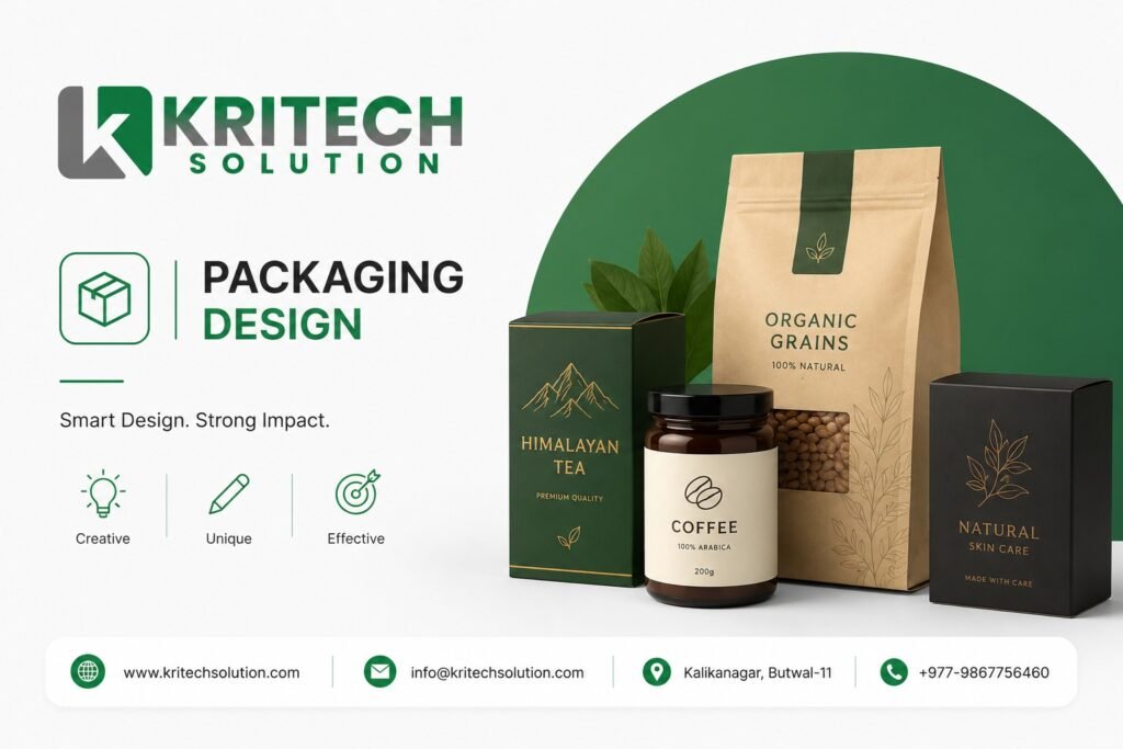 Packaging design Nepal showing creative product packaging with brand colors typography and logo for Nepal businesses