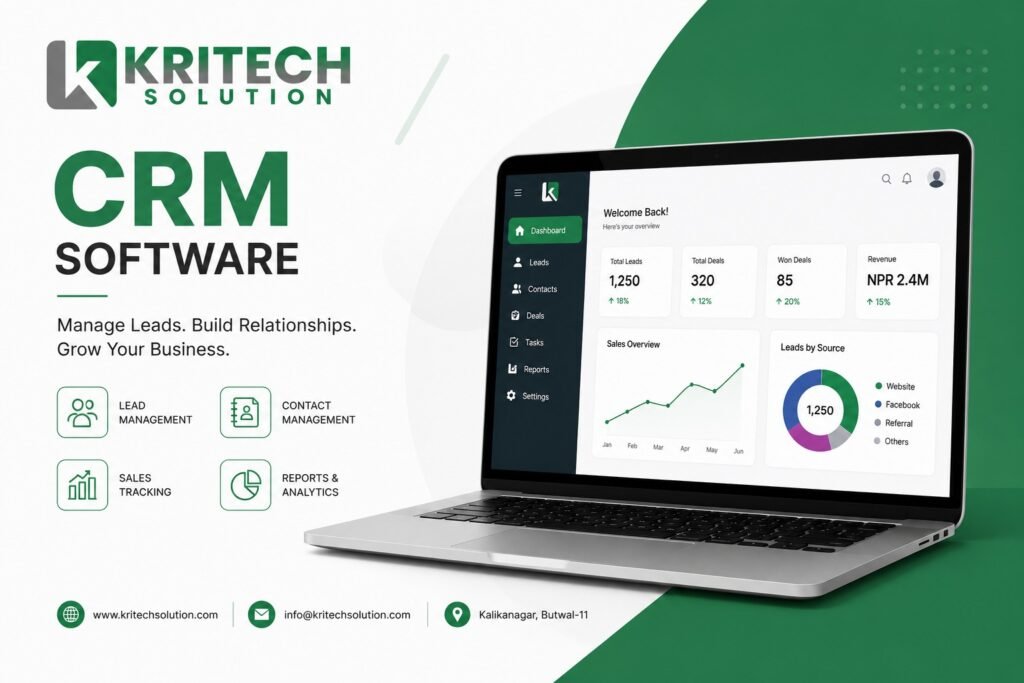 CRM software dashboard showing customer pipeline and sales analytics for a Nepal business