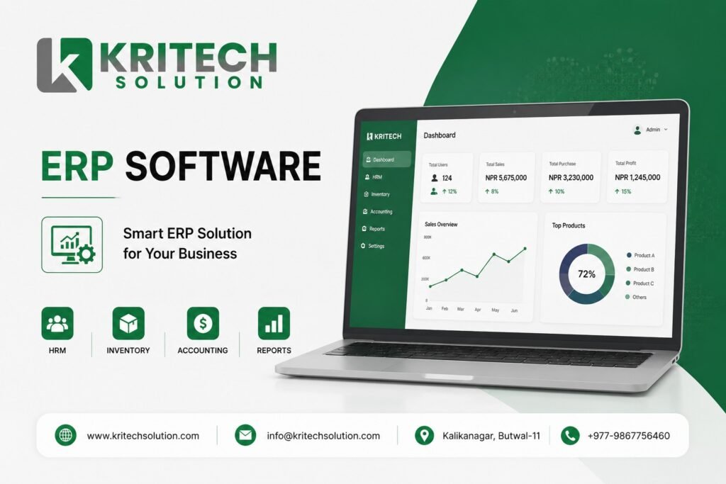 ERP software dashboard showing integrated business management modules for Nepal companies
