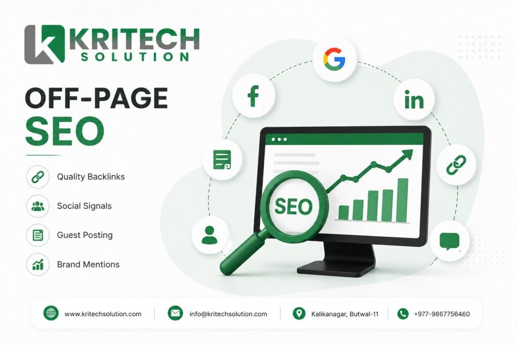 Off-page SEO strategy diagram showing backlinks, brand mentions, and authority building for higher Google rankings