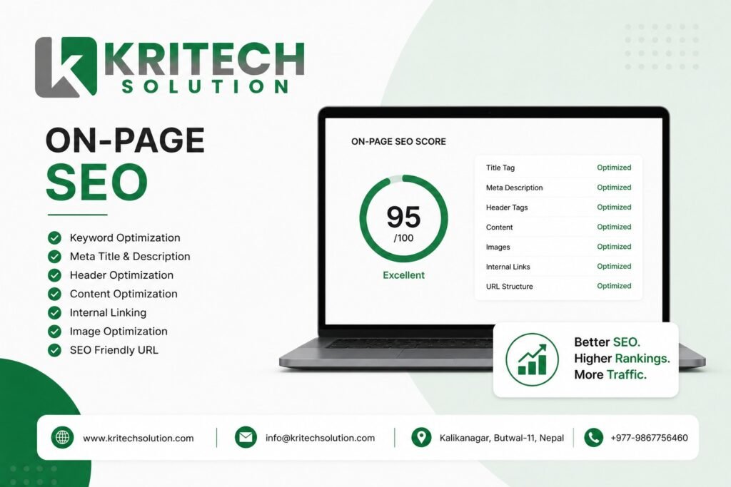 On-page SEO optimization checklist showing title tags, meta descriptions, headings, and content strategy for better Google rankings