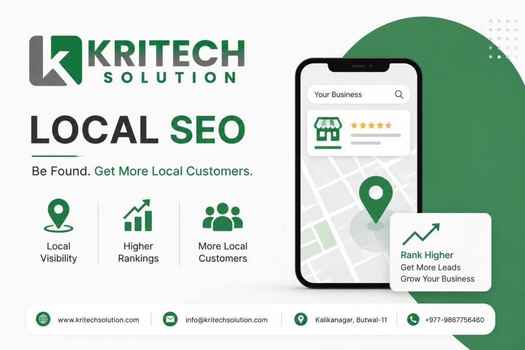 Local SEO strategy showing Google Business Profile optimization, local citations, and map pack rankings for businesses in Nepal