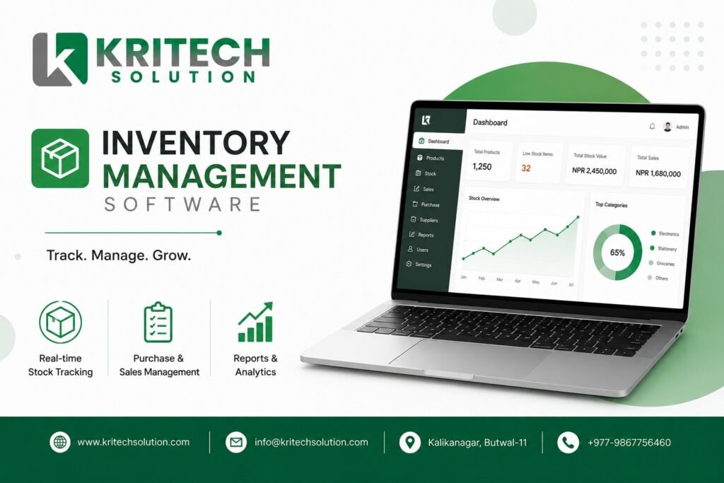 Inventory management software dashboard showing real-time stock levels, automated reorder points, and multi-channel synchronization for businesses in Nepal