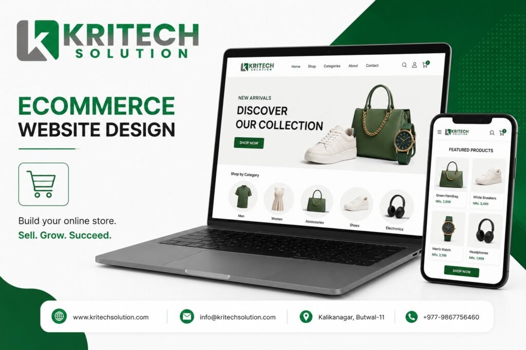 Professional ecommerce website design showing mobile-first layout, product pages, and conversion-optimized checkout for online stores in Nepal
