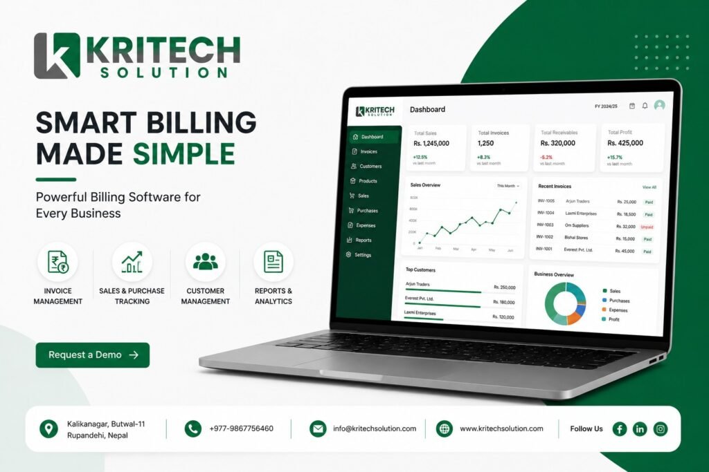 Billing software Nepal dashboard showing invoices, VAT calculations, and payment tracking