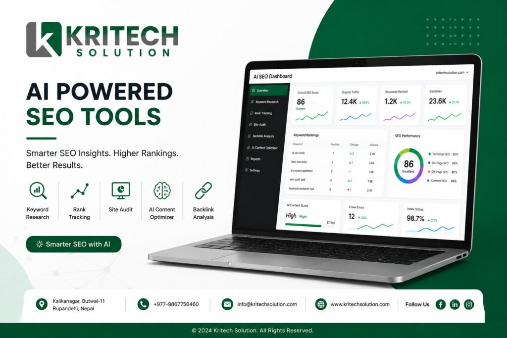 AI SEO tools dashboard showing keyword rankings, content scores, and competitor analysis data