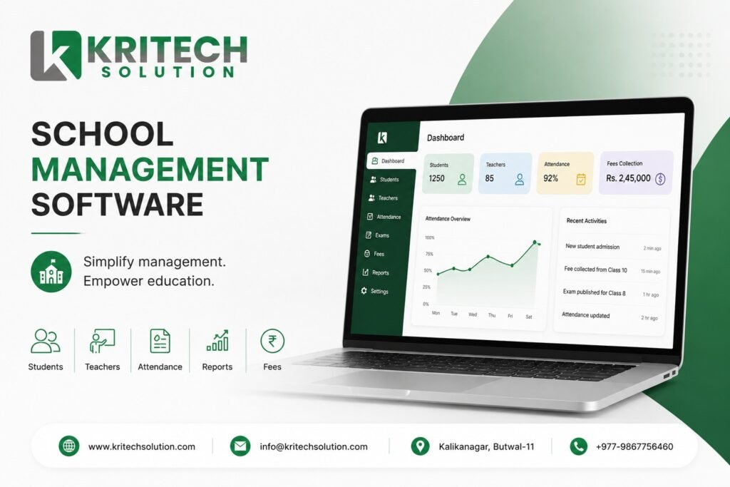 School management software Nepal dashboard showing attendance and fee management features